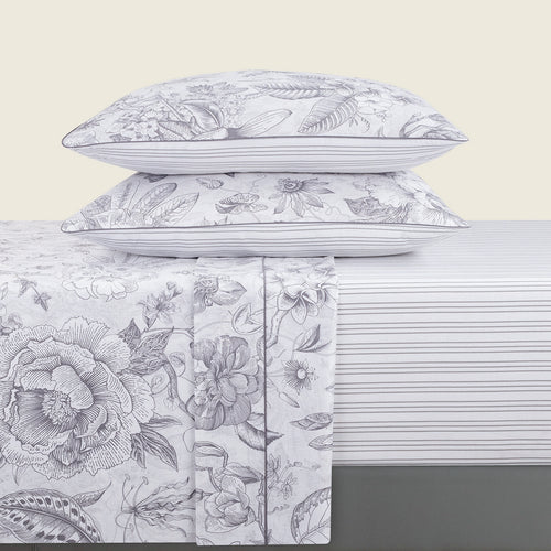 Fleurs Esquissées - Ensemble De Draps - Satin De Coton - Blanc