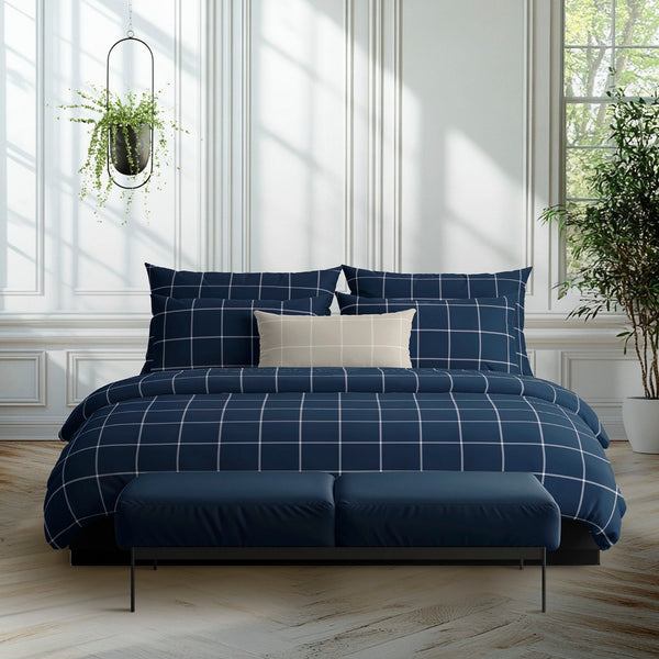 Amélia - Funda nórdica + 1 o 2 fundas de almohada - Satén de algodón - Azul oscuro
