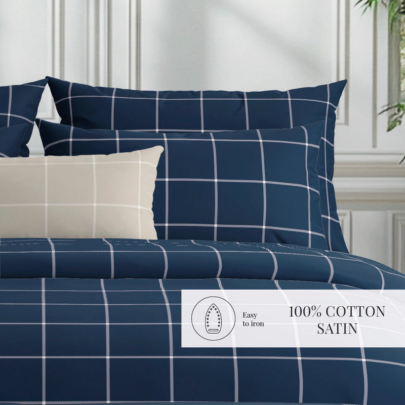 Amélia - Housse De Couette + Taie D'Oreiller - Satin De Coton - Bleu Foncé