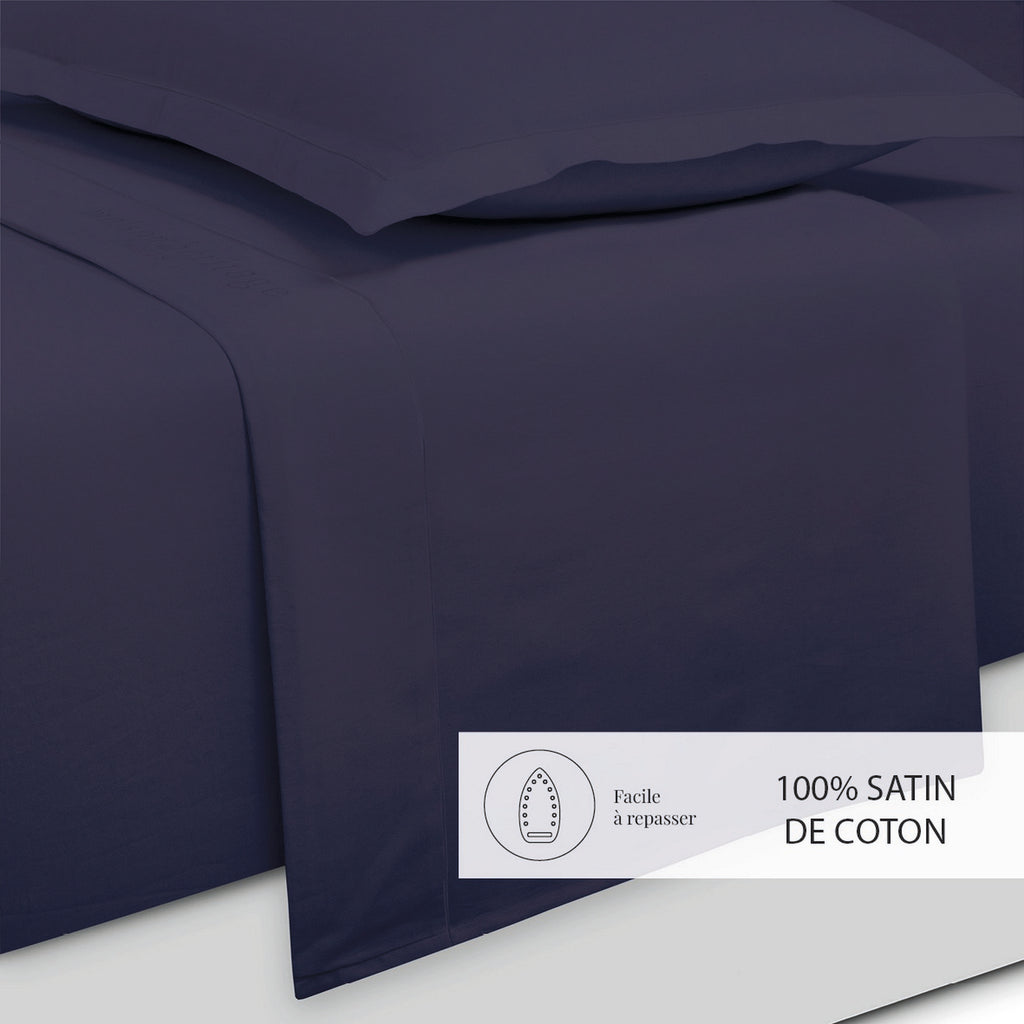 Uni - Ensemble De Draps - Satin De Coton - Bleu 04