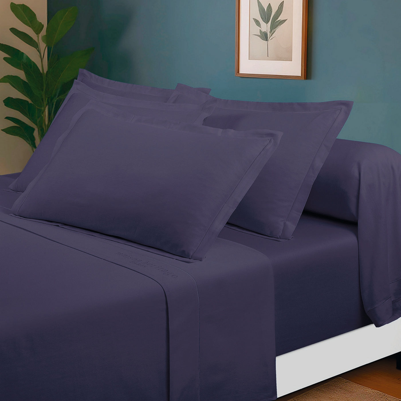 Uni - Ensemble De Draps - Satin De Coton - Bleu 06