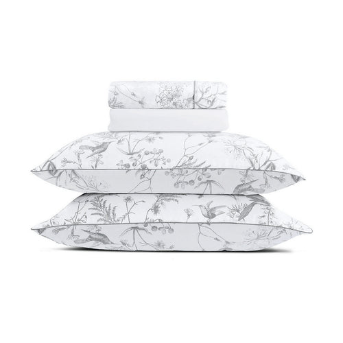 Colibri Floral - Ensemble De Draps - Satin De Coton - Noir Gris