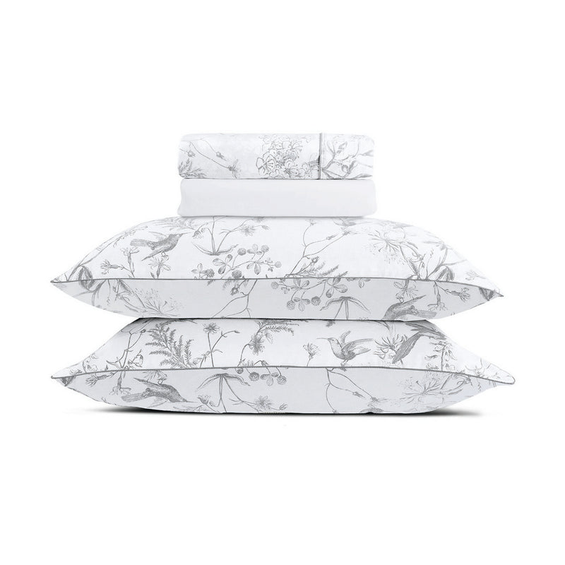 Colibri Floral - Ensemble De Draps - Satin De Coton - Noir Gris