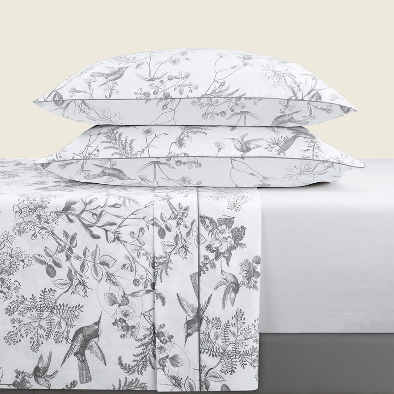 Colibri Floral - Ensemble De Draps - Satin De Coton - Noir Gris