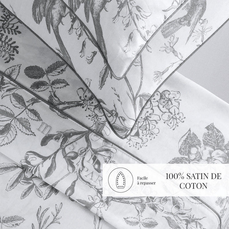 Colibri Floral - Ensemble De Draps - Satin De Coton - Noir Gris