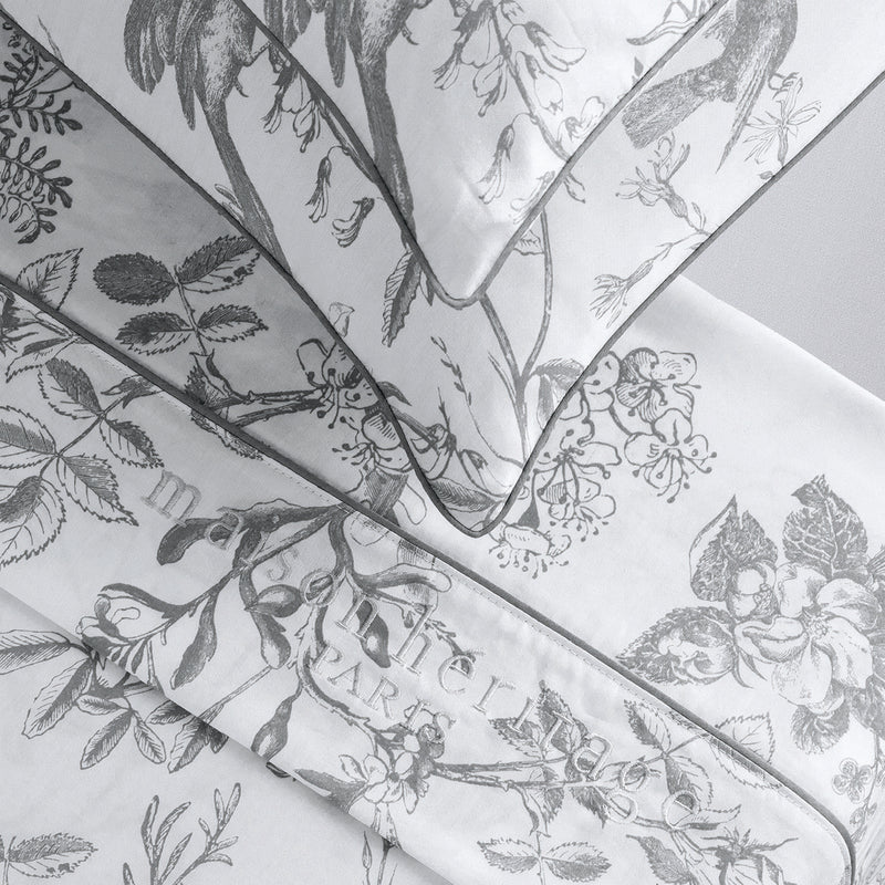 Colibri Floral - Ensemble De Draps - Satin De Coton - Noir Gris