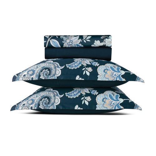 Kashmir - Ensemble De Draps - Satin De Coton - Bleu Foncé