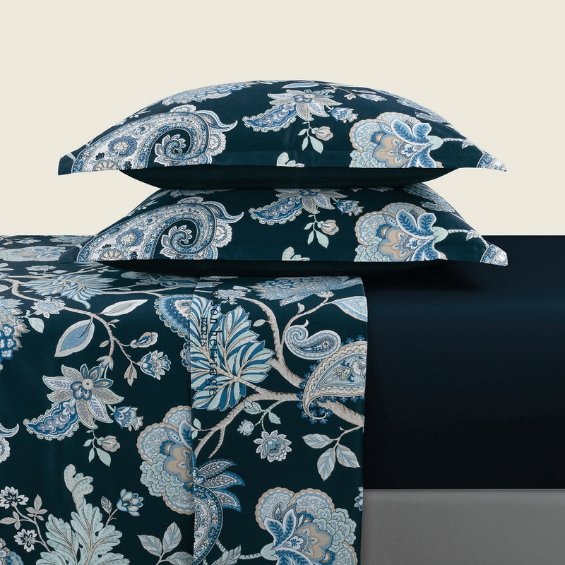 Kashmir - Ensemble De Draps - Satin De Coton - Bleu Foncé
