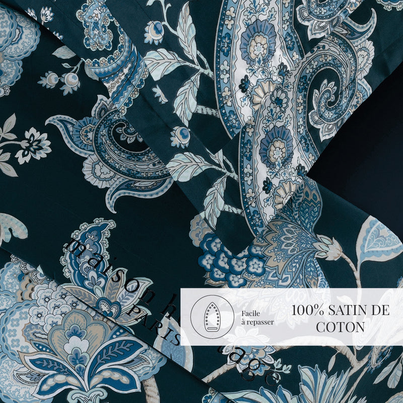 Kashmir - Ensemble De Draps - Satin De Coton - Bleu Foncé