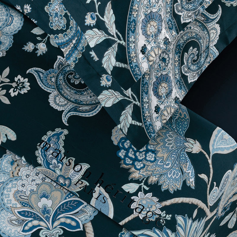 Kashmir - Ensemble De Draps - Satin De Coton - Bleu Foncé