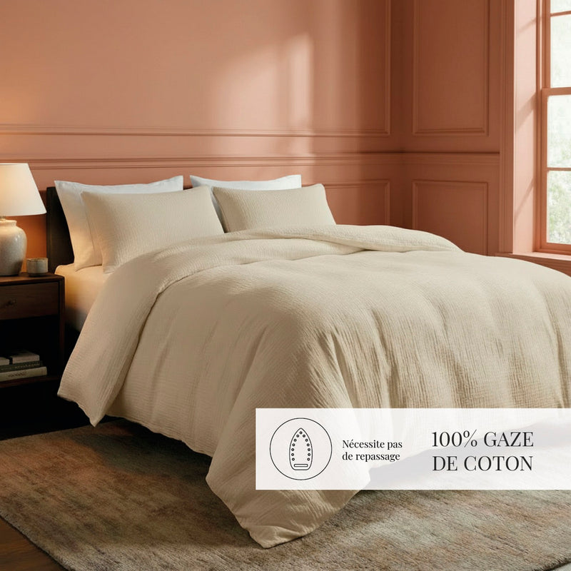 Uni - Housse De Couette + Taie D'Oreiller Gaze De Coton - Taupe 07
