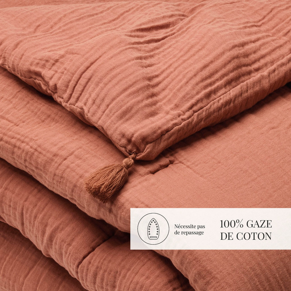 Uni - Édredon Avec Glands Gaze De Coton - Terracotta 02