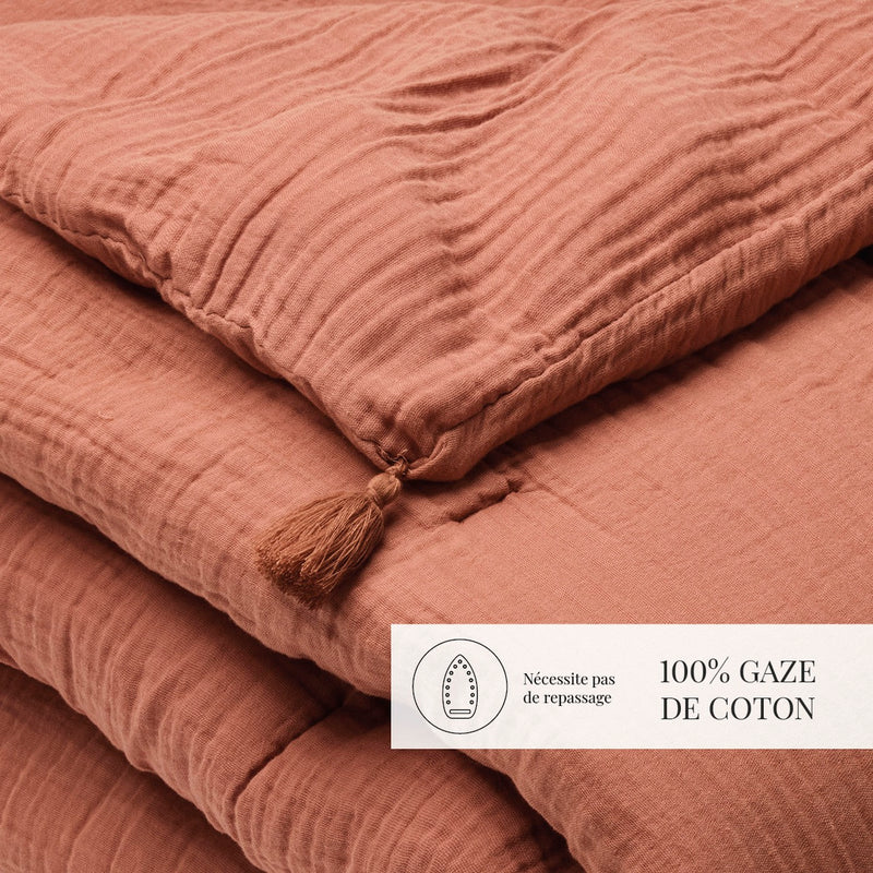 Uni - Édredon Avec Glands Gaze De Coton - Terracotta 02