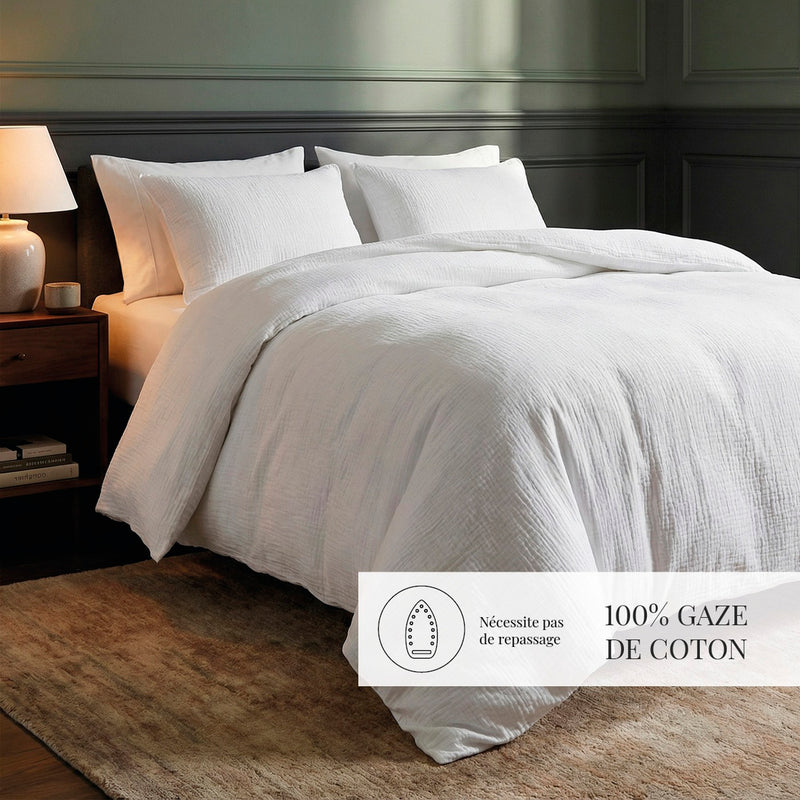 Uni - Housse De Couette + Taie D'Oreiller Gaze De Coton - Blanc 02