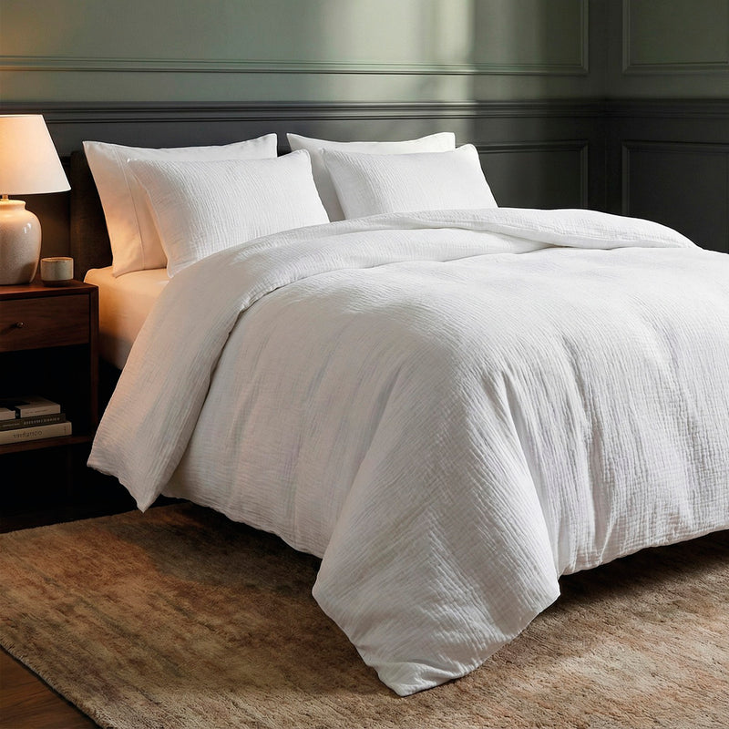 Uni - Housse De Couette + Taie D'Oreiller Gaze De Coton - Blanc 02