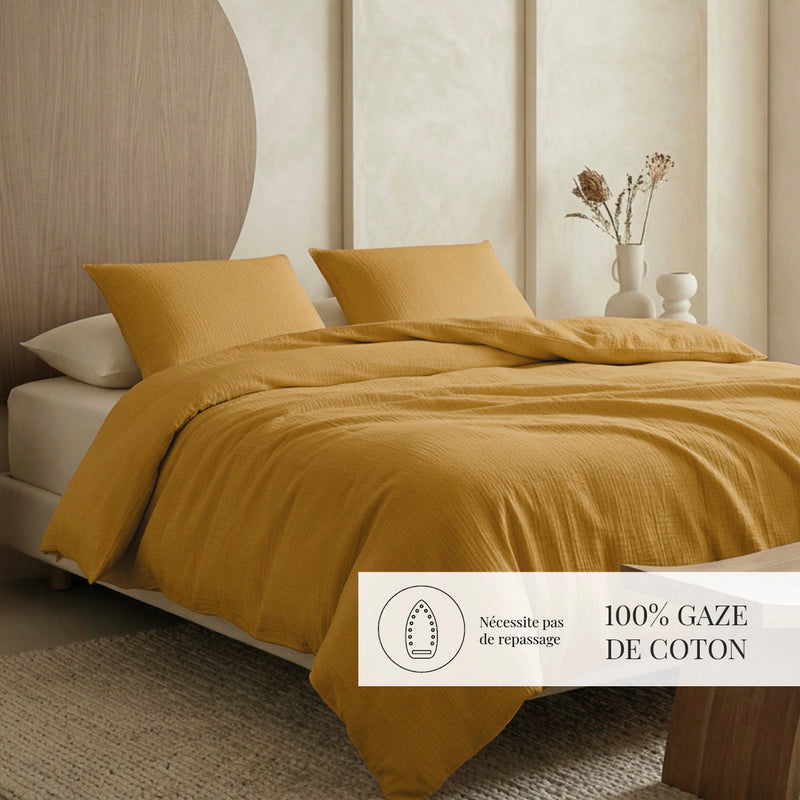 Uni - Housse De Couette + Taie D'Oreiller Gaze De Coton - Jaune 04