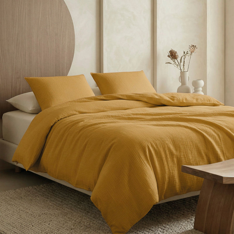 Uni - Housse De Couette + Taie D'Oreiller Gaze De Coton - Jaune 04