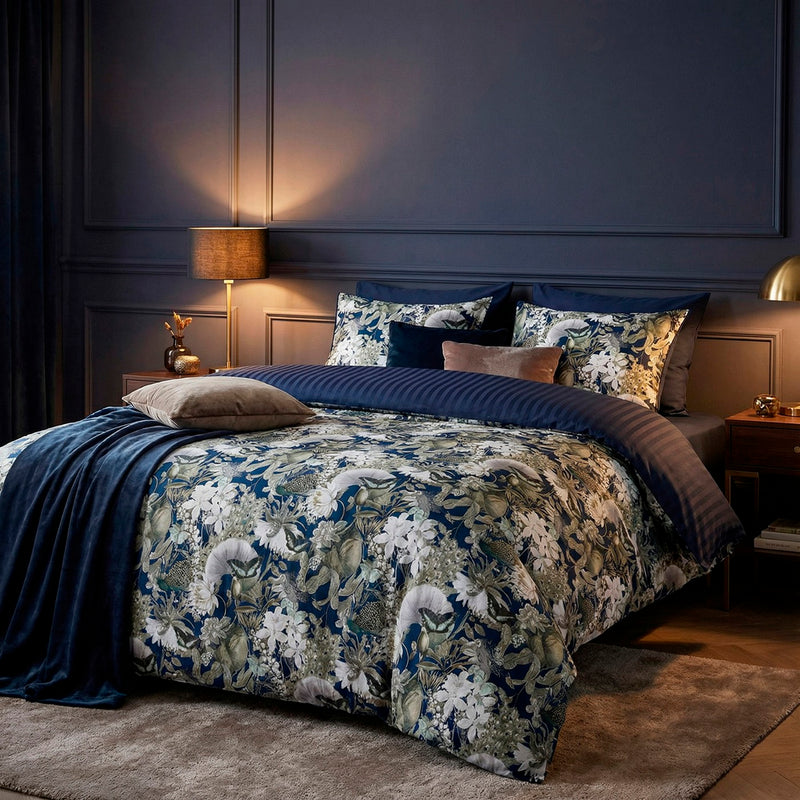 Jardin Orné - Housse De Couette + Taie D'Oreiller - Satin De Coton - Bleu Foncé