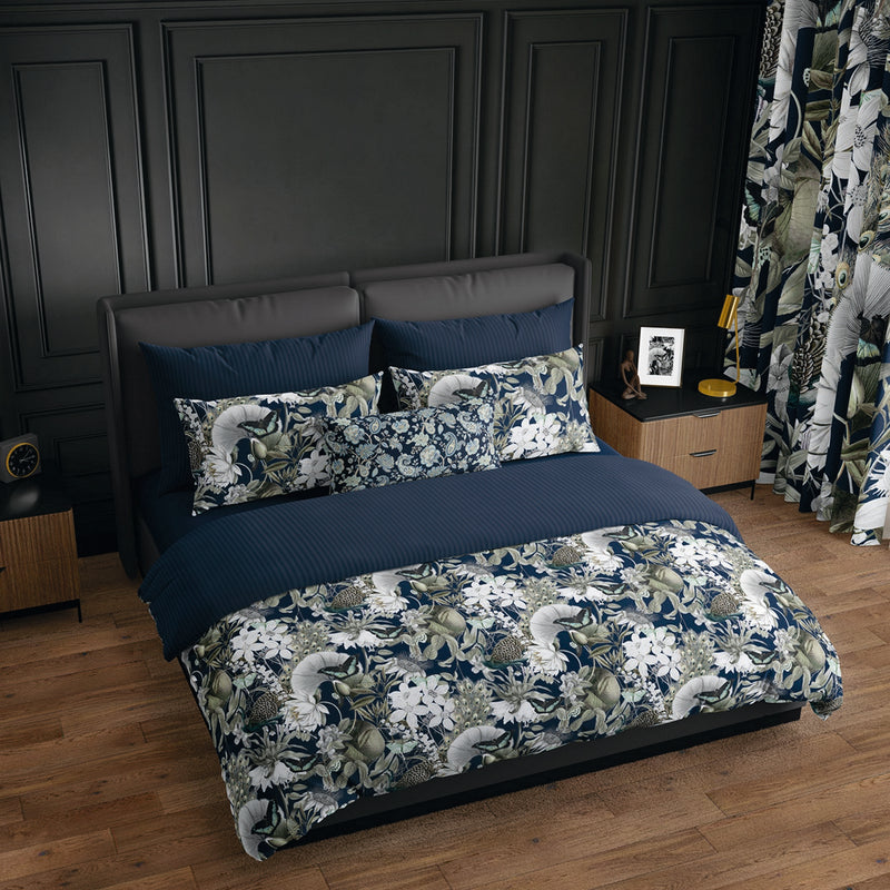 Jardin Orné - Housse De Couette + Taie D'Oreiller - Satin De Coton - Bleu Foncé