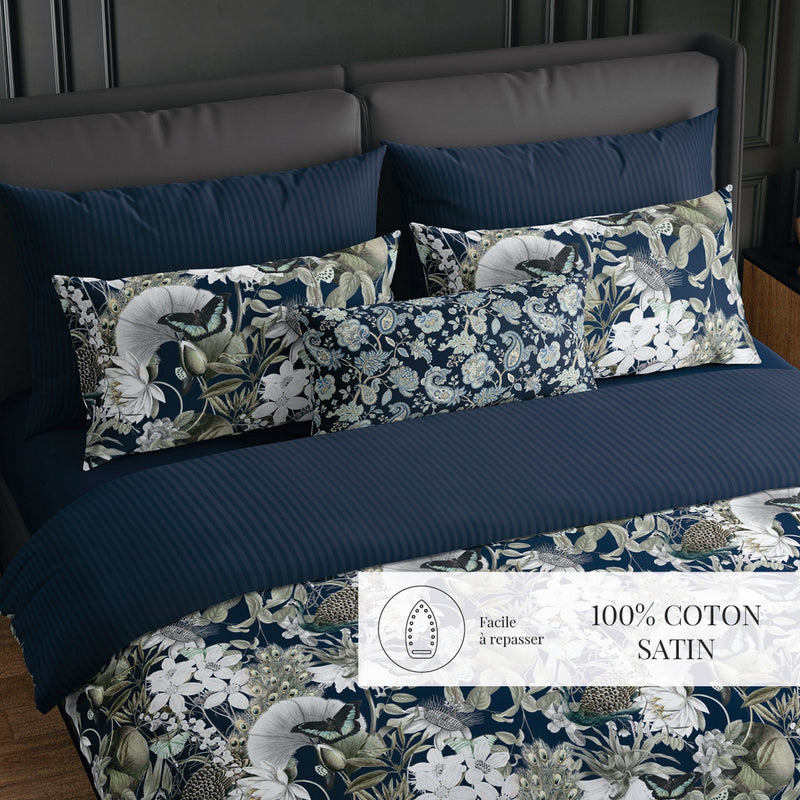 Jardin Orné - Housse De Couette + Taie D'Oreiller - Satin De Coton - Bleu Foncé