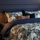 Jardin Orné - Housse De Couette + Taie D'Oreiller - Satin De Coton - Bleu Foncé