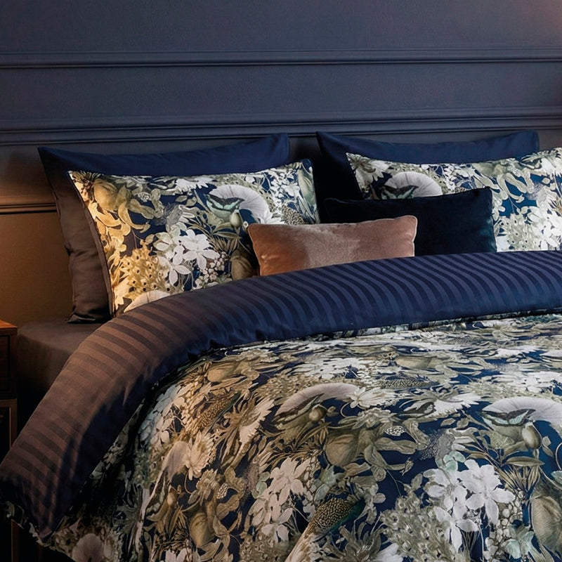Jardin Orné - Housse De Couette + Taie D'Oreiller - Satin De Coton - Bleu Foncé