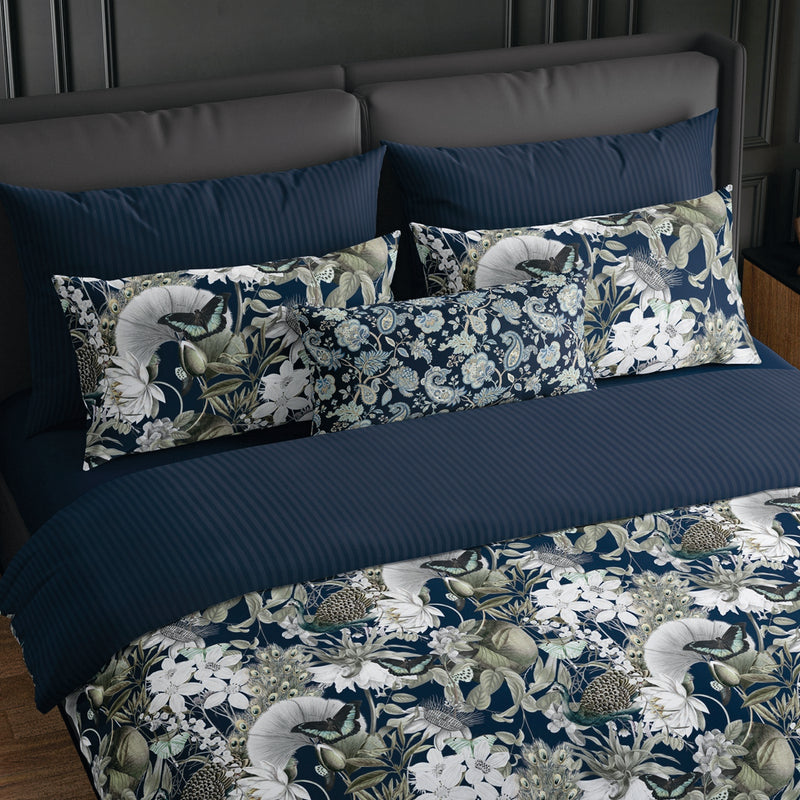 Jardin Orné - Housse De Couette + Taie D'Oreiller - Satin De Coton - Bleu Foncé