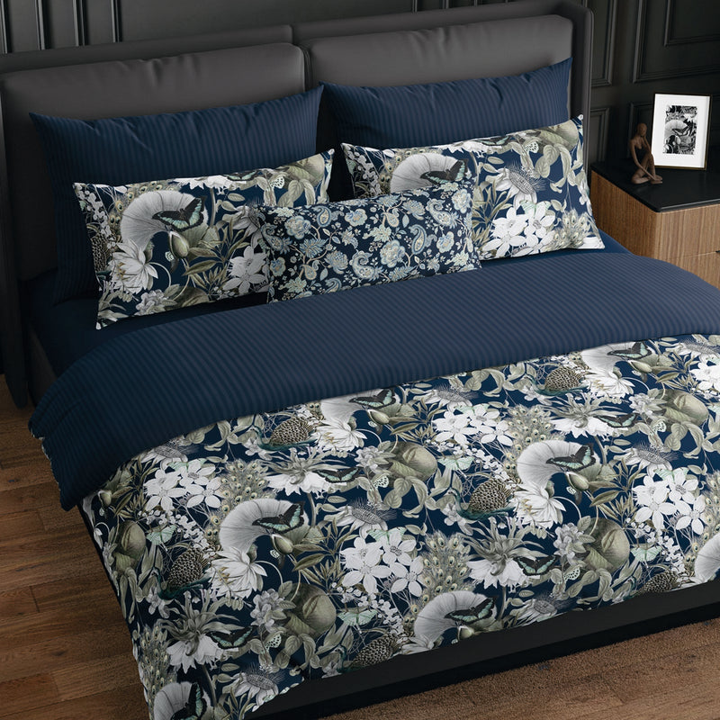 Jardin Orné - Taie De Traversin - Satin De Coton - Bleu Foncé