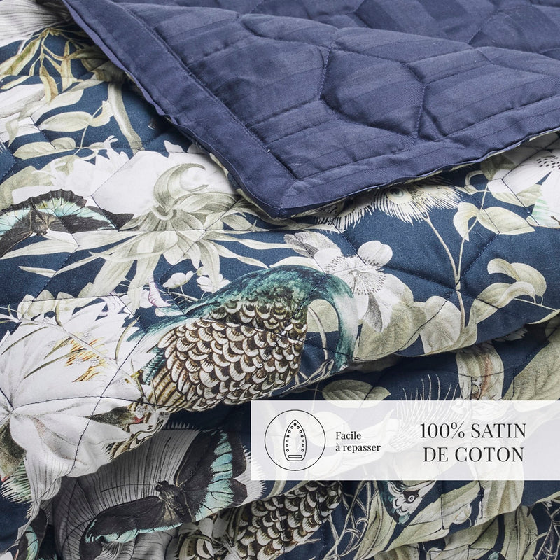 Jardin Orné - Couvre-Lit - Satin De Coton - Bleu Foncé