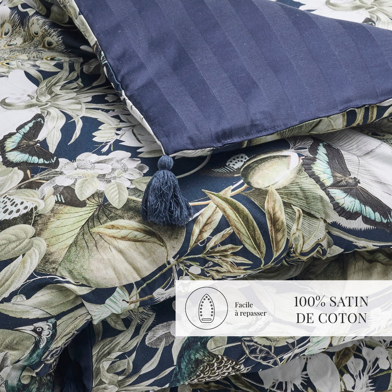 Jardin Orné - Édredon Avec Glands - Satin De Coton - Bleu Foncé