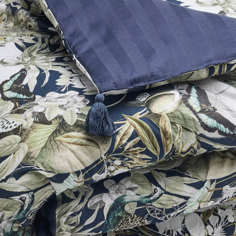 Jardin Orné - Édredon Avec Glands - Satin De Coton - Bleu Foncé