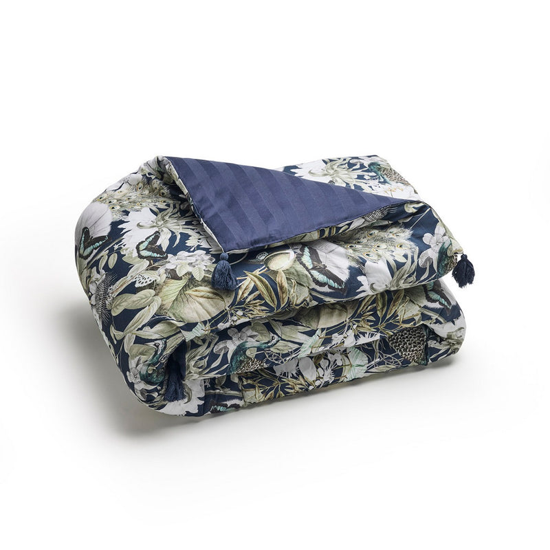 Jardin Orné - Édredon Avec Glands - Satin De Coton - Bleu Foncé