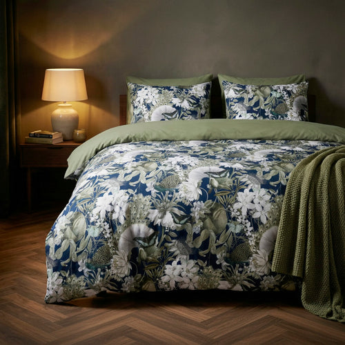 Jardin Orné - Housse De Couette + Taie D'Oreiller - Satin De Coton - Bleu Foncé / Vert