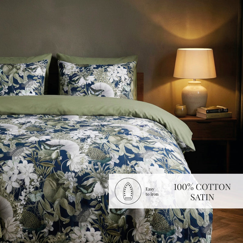 Jardin Orné - Housse De Couette + Taie D'Oreiller - Satin De Coton - Bleu Foncé / Vert