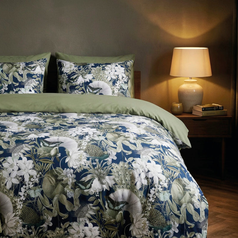 Jardin Orné - Housse De Couette + Taie D'Oreiller - Satin De Coton - Bleu Foncé / Vert