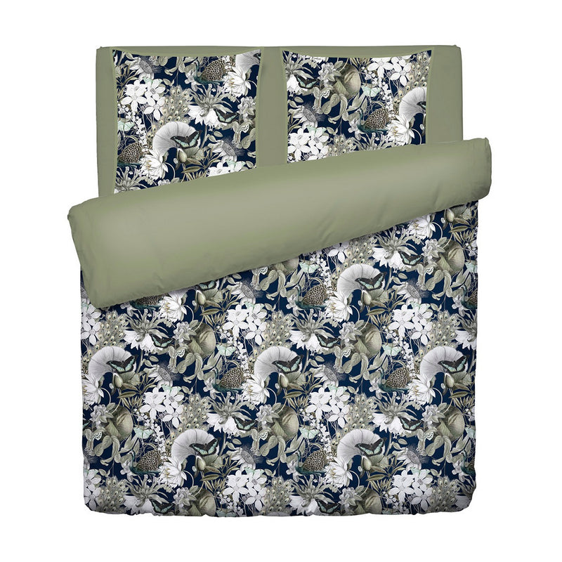 Jardin Orné - Housse De Couette + Taie D'Oreiller - Satin De Coton - Bleu Foncé / Vert