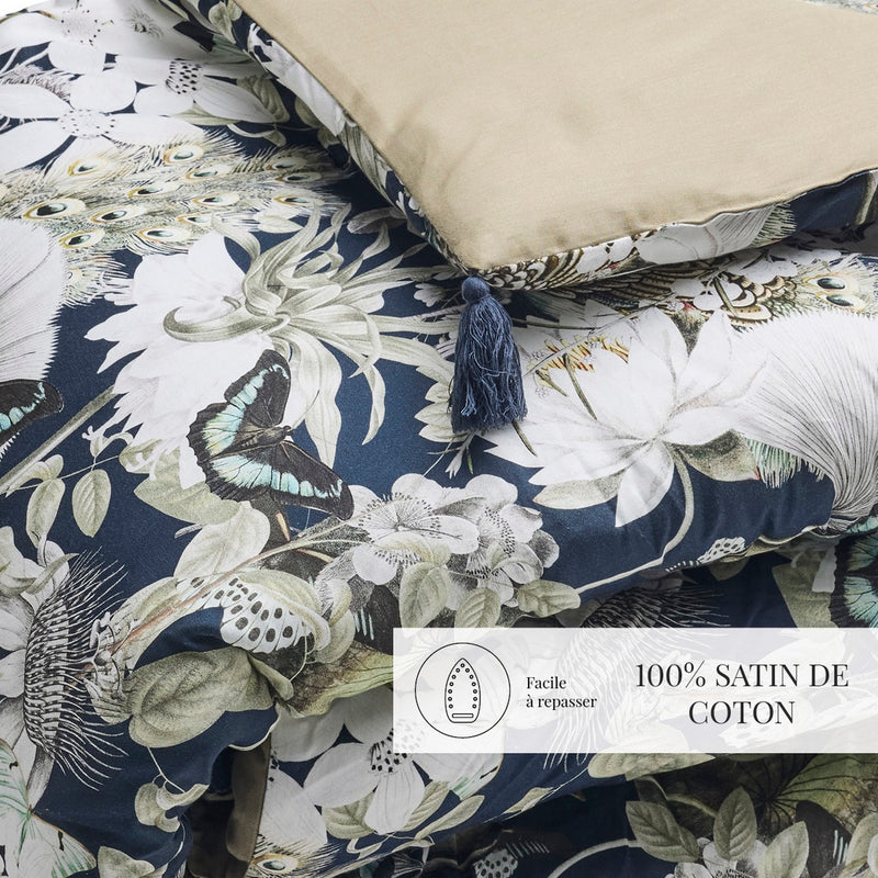Jardin Orné - Édredon Avec Glands - Satin De Coton - Bleu Foncé / Vert