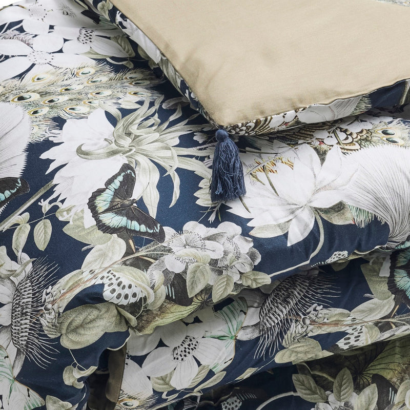 Jardin Orné - Édredon Avec Glands - Satin De Coton - Bleu Foncé / Vert