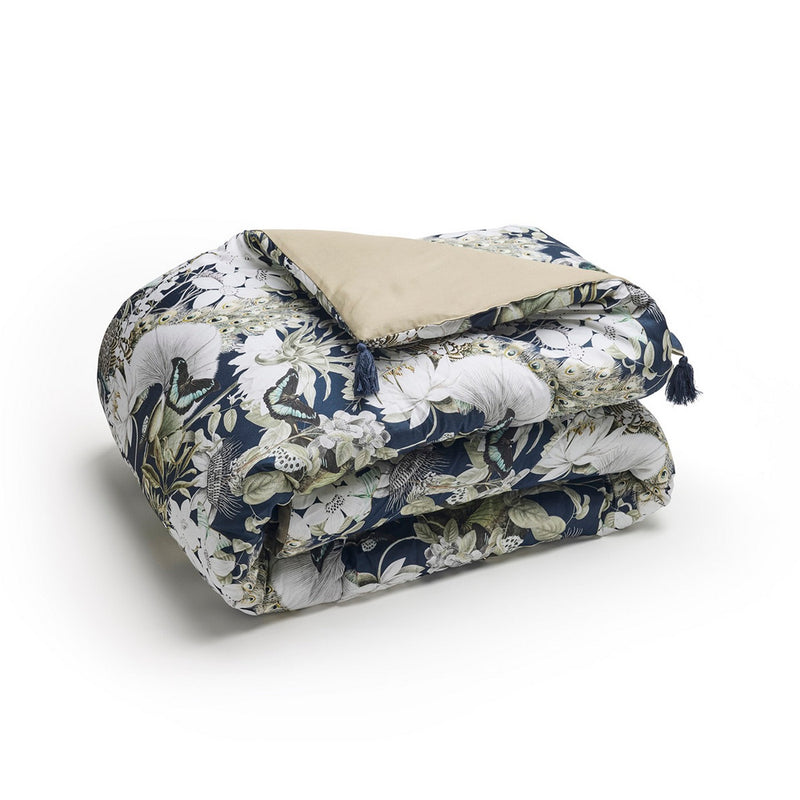 Jardin Orné - Édredon Avec Glands - Satin De Coton - Bleu Foncé / Vert