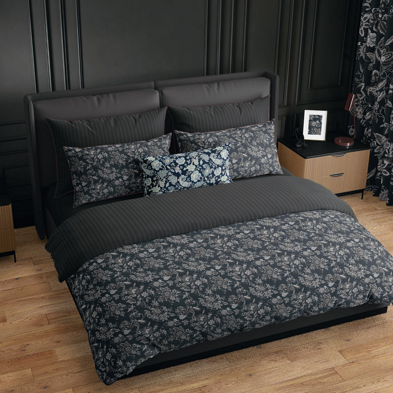 Toile Damassée - Housse De Couette + Taie D'Oreiller - Satin De Coton - Noir