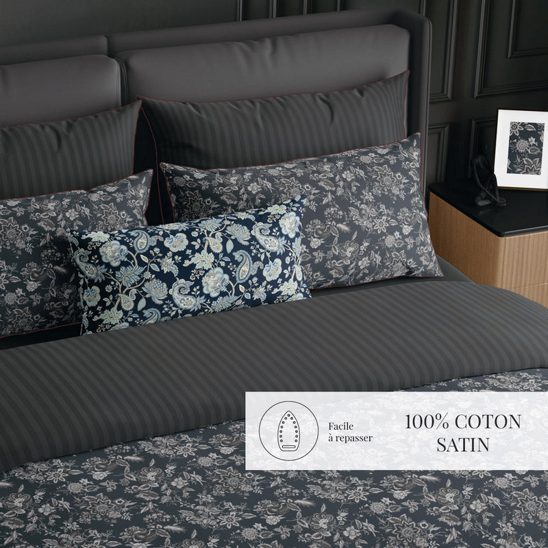Toile Damassée - Housse De Couette + Taie D'Oreiller - Satin De Coton - Noir