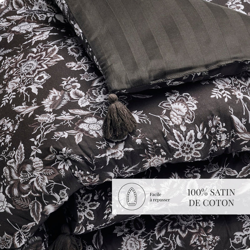 Toile Damassée - Édredon Avec Glands - Satin De Coton - Noir