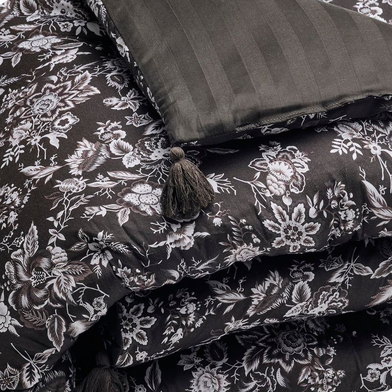 Toile Damassée - Édredon Avec Glands - Satin De Coton - Noir