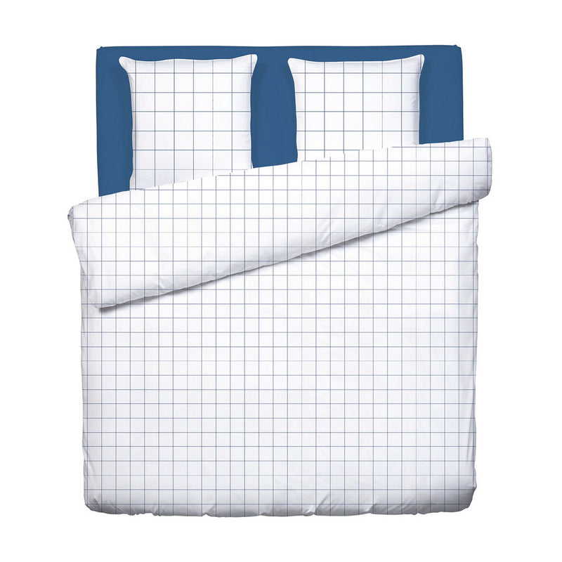 Carreaux - Housse De Couette + Taie D'Oreiller - Satin De Coton - Blanc / Bleu