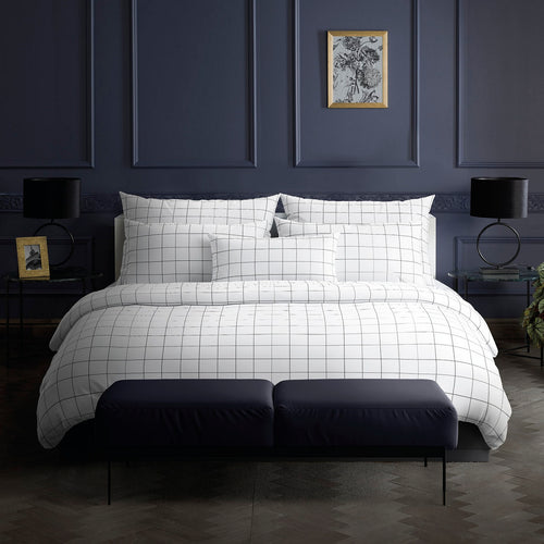 Carreaux - Housse De Couette + Taie D'Oreiller - Satin De Coton - Blanc / Bleu