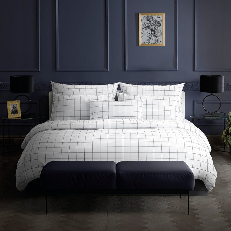 Carreaux - Housse De Couette + Taie D'Oreiller - Satin De Coton - Blanc / Bleu
