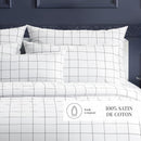 Carreaux - Housse De Couette + Taie D'Oreiller - Satin De Coton - Blanc / Bleu