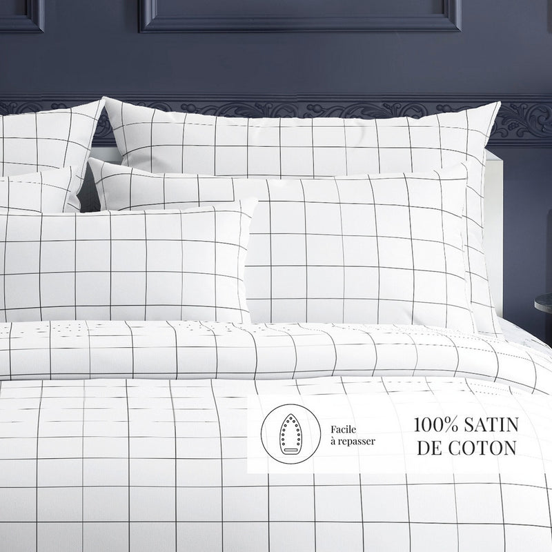 Carreaux - Housse De Couette + Taie D'Oreiller - Satin De Coton - Blanc / Bleu