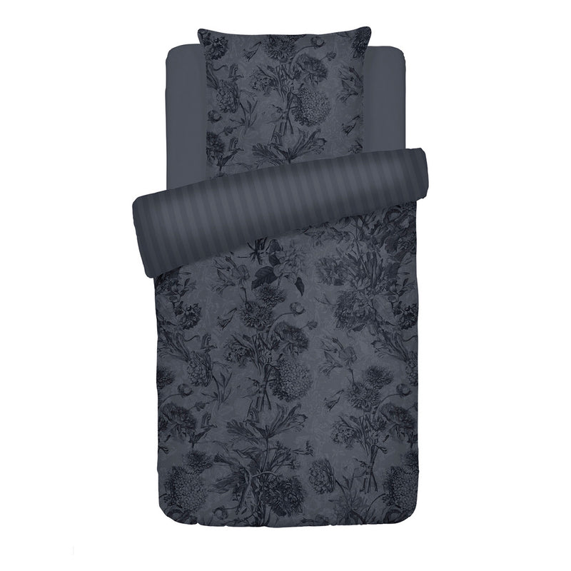 Jardin Botanique - Housse De Couette + Taie D'Oreiller - Satin De Coton - Noir / Gris