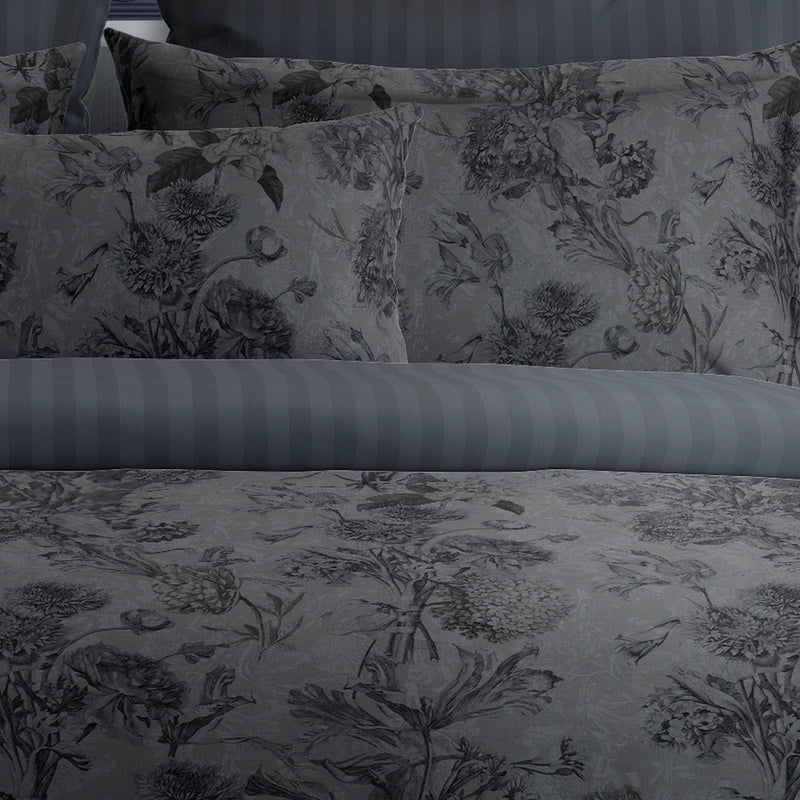 Jardin Botanique - Housse De Couette + Taie D'Oreiller - Satin De Coton - Noir / Gris